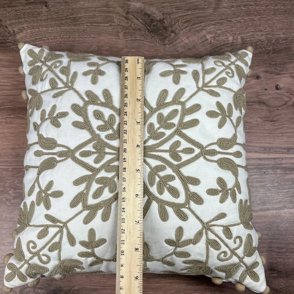 Pottery Barn Throw Pillow 12 x 12 White Tan Crewel Embroidered Pom-Pom Trim